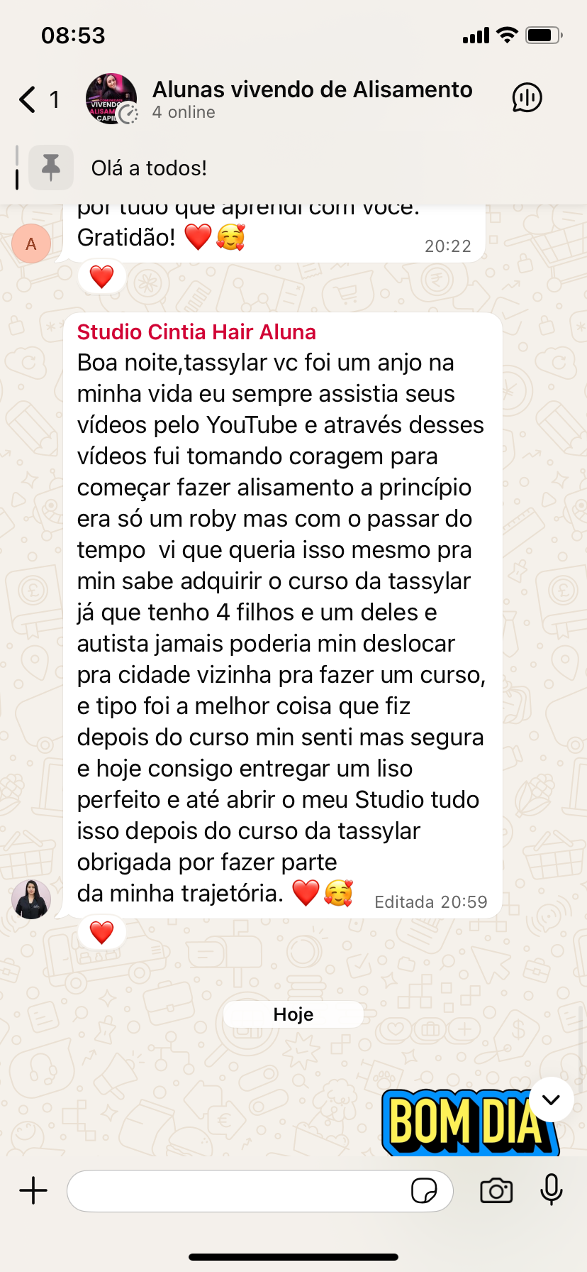 Depoimento de Cintia, aluna do curso